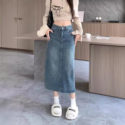 Denim Skirt Women's Autum Korean Style 2024 New Pear-shaped Figure High Waist Slim Mid-length Slit A-line Skirt