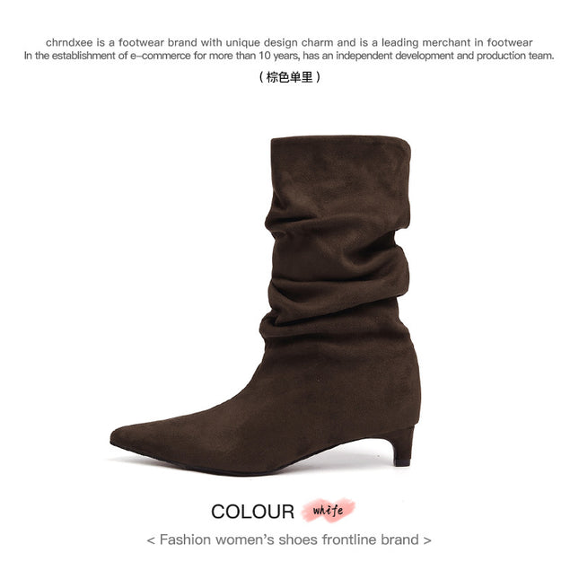Cowhide Version ~ French Style Kitten Heel Short Boots, Feminine Slimming Look Pointed Toe Pile Boots, Suede Stiletto Slim Boots