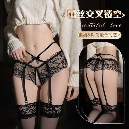 Women's Lace Garter Belt Sexy Cross Strap Hollow-Out Lingerie Open-Crotch Panties and Stockings