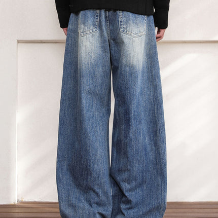 American Retro Rivet Design Jeans for Men and Women, Street Vibe Style Washed Lightning Pattern Straight Pants for Couples