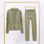 Moss green hooded stamped jacket cropped pants suit / 2/S