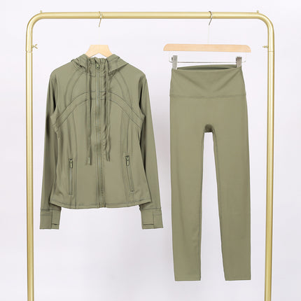Lulu Df Stamped Hooded Jacket and Cropped Pants Set, Tight-Fitting Stretch Jacket with Gold Zipper, Fitness Yoga Outfit