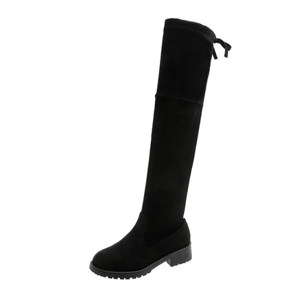Over-the-knee boots women's plus size stitching high boots 2024 autumn and winter black suede elastic boots suede thick heel thin boots