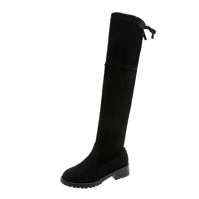 Over-the-knee boots women's plus size stitching high boots 2024 autumn and winter black suede elastic boots suede thick heel thin boots