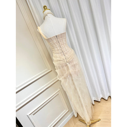 Dinner Dress Niche Design Fishbone with Chest Pad Single Shoulder Mesh Stitching Lace Split Floor Dress