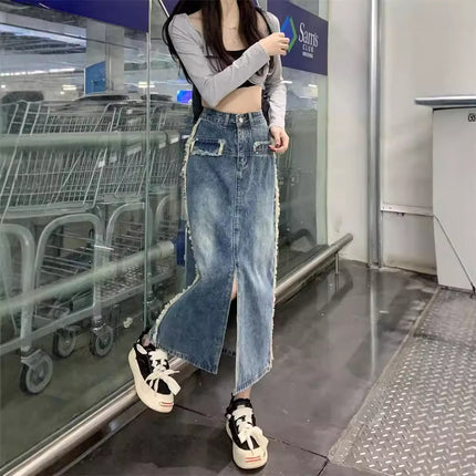 Autumn Korean High-waisted Denim Skirt for Women 2024 New Pear-shaped Figure Mid-length Cover-up A-line Skirt