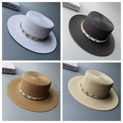 Bohemian Cowboy Style Flat-Top Straw Hat for Women's Summer Travel and Vacation Sun Protection Hat for Shopping and Versatile Flat-Brimmed Hat