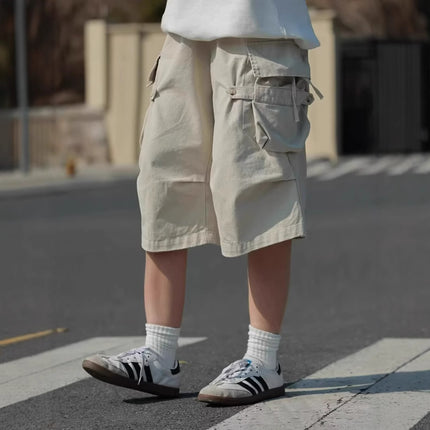 American Retro Multi-Pocket Cargo Cropped Pants Summer New Trendy Men's Loose Straight Cleanfit Over-The-Knee Shorts