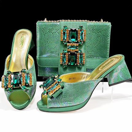 Cross-border Women Open Toe High Heel Slippers Snake-like Fabric Bright Eye Diamond Buckle Decoration Square Soft Bag Fashion Shoe Bag