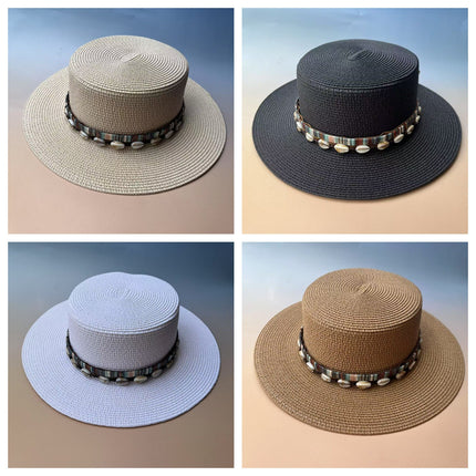 Bohemian Cowboy Style Flat-Top Straw Hat for Women's Summer Travel and Vacation Sun Protection Hat for Shopping and Versatile Flat-Brimmed Hat