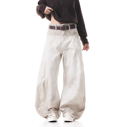 American Retro Dirty Dye Spray-Painted Design White Scimitar Jeans for Men and Women New Loose Versatile Wide-Leg Pants