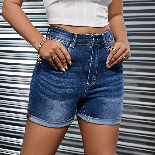 European and American Women's 2024 Summer New Shorts Sexy Spice Girl Stretch Flanged Washed Denim Shorts Women's Shorts