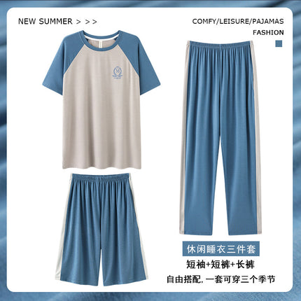 Summer Men's Pajamas Three-Piece Set Short-Sleeved Trousers Home Clothes Modal Shorts Casual Loose Plus Size Set