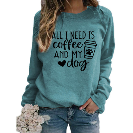 Foreign trade supply all I need is coffee printed crew neck top sweater European size ladies coat long sleeve