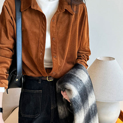 Lushi Japanese-Style Minimalist Thickened Brushed Corduroy Shirt for Women 2025 Autumn Inner Layering Base Shirt 3378