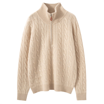 Autumn and Winter New Cashmere Sweater for Women, Loose Slimming Half-Zip Crew Neck Cable Knit Thick Sweater Trendy