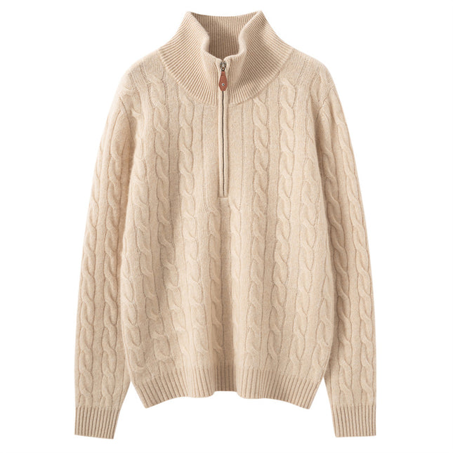 Autumn and Winter New Cashmere Sweater for Women, Loose Slimming Half-Zip Crew Neck Cable Knit Thick Sweater Trendy
