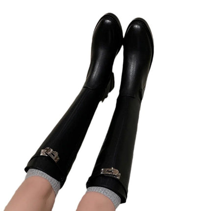 Grape Mom 2024 with Thick Bottom Lock Buckle Long Boots Women's Autumn and Winter Flat Knights Boots New But Knee High Boots