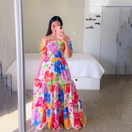 2025 cross-border new spring and summer European and American women's dress off-shoulder floral fashion off-shoulder long printed skirt