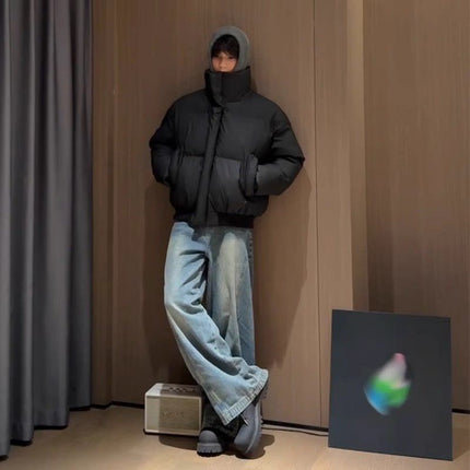 Boys' Cool and Handsome Outfits, High-End, Handsome Wide-Leg Jeans, Cotton Clothes, Two-Piece Set, Winter Matching Set