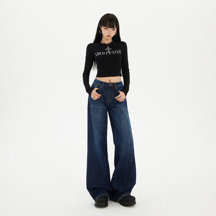 Raccoon Dark Blue Wide-Leg Jeans for Women Autumn and Winter 2025 New Straight-Leg Loose Draped Cat Pattern Tall Pants