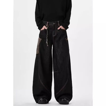 American Retro Silhouette Scimitar Jeans for Men and Women Street Design Couple Loose Straight Floor-Length Wide-Leg Pants