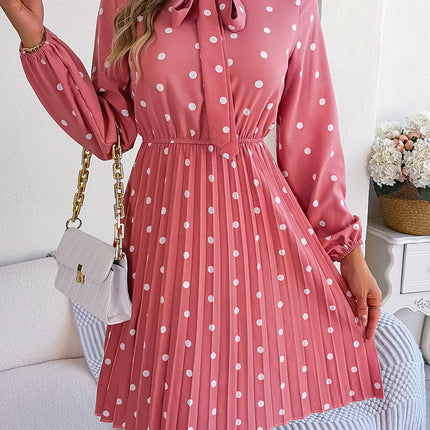 Real Shot of 2026 Spring/Summer European and American Style Polka Dot Tie-Waist Long-Sleeve Pleated Dress Amazon Cross-Border Women's Fashion