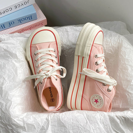 Summer Breathable High-top Canvas Shoes for Students Women's Thick-soled Elevated White Sneakers Lightweight Mango Big Head Casual Single-layer Shoes