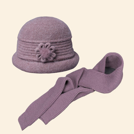 Middle-aged and elderly autumn and winter mother's hat scarf set fleece-lined thickened warm wool knitted hat women's basin hat winter
