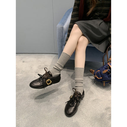 Vintage Double Strap Leather Buckle Sheepskin Round-Toe Versatile Casual German Training Shoes for Women Small Leather Shoes