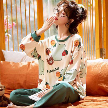 Factory wholesale live fashion spring and autumn cotton pajamas women's cute simple wind long sleeve trousers home clothes suit