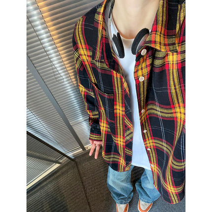 Cross-border Commodity Foreign Trade Loose Retro Plaid Long-sleeved Shirt Men's and Women's Unisex Shirt Coat Shoulder Scrub Shirt