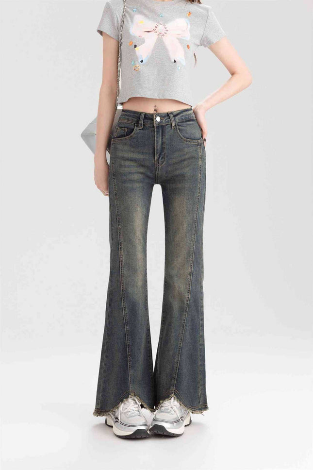 Light-Colored Frayed Hem Flared Jeans for Women, Spring/Summer, Petite, Slim Fit, Plus Size, High-Waisted, Floor-Length Bootcut Pants