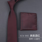 8cm elegant burgundy hand tie + pocket scarf