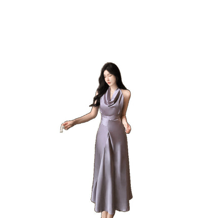Foreign Trade Women's Clothing Real Shot Summer Elegant Light Purple Swing Collar Halter Design Satin Waist Irregular Two-Wear Straps