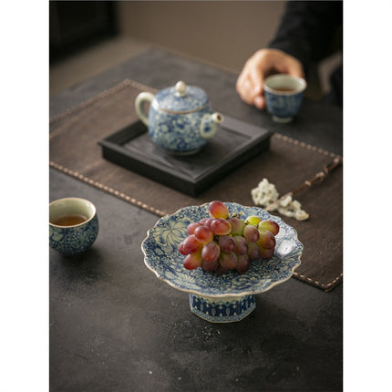 Chinese-style Blue and White Porcelain Fruit Plate Living Room Coffee Table Household Ceramic Refreshment Snack Plate High Foot Delicate Dried Fruit Snack Plate