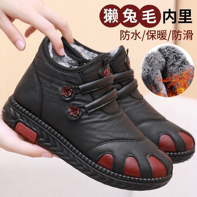 Winter old Beijing cloth shoes women's cotton shoes imitation leather shoes waterproof non-slip middle-aged mother cotton shoes rabbit plush warm cotton boots