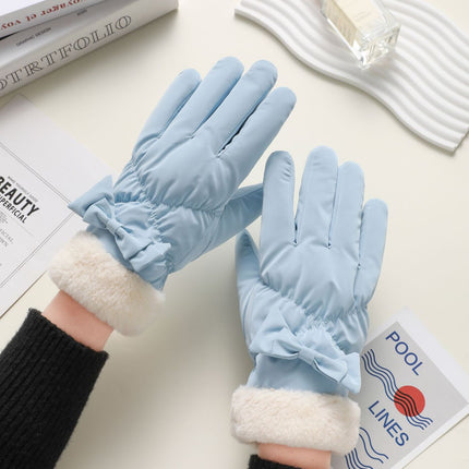 Down Cotton Gloves Women's Winter Bow Fingers Plus Fleece Windproof Cold-proof Skiing Five-finger Warm Touch Screen Cycling