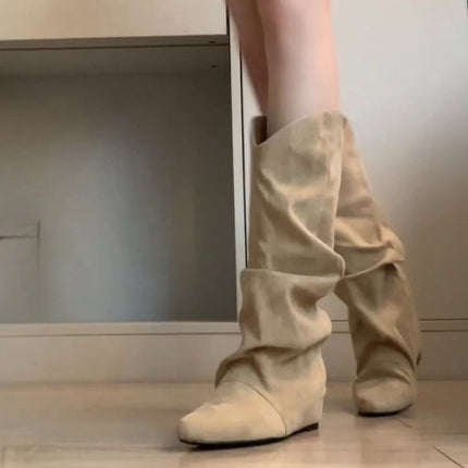 New Retro Western Cowboy Boots Autumn Height-Increasing Long Boots Women's Pointed Toe Pleated Slouch Boots