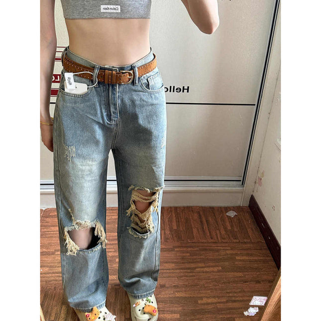 Distressed Ripped Straight-Leg Jeans for Women, American Retro High-Waisted Loose Slimming Versatile Distressed Wide-Leg Floor-Length Pants