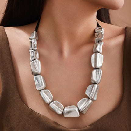 Cross-border ancient silver heavy industry geometric square black line woven exaggerated necklace trend temperament simple retro Korean products batch