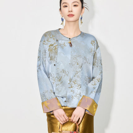 【Zhihetang】2026 Spring New Style Chinese-Style Jacket for Women, High-End Retro Jacquard Long-Sleeve National Style Top