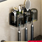 Black - three-person aluminum toothbrush holder + 3 mouthwash cups (no need to punch holes)