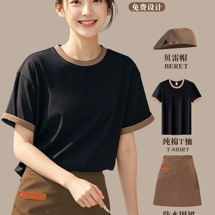 Pure Cotton Catering Work Clothes T-Shirt Custom Printed Logo Restaurant Waiter Barbecue Hot Pot Restaurant Staff Summer Short Sleeves