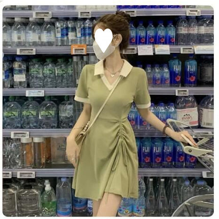 Green Collar Drawstring Dress Summer Women's Design Niche Slim Waist Slimming Casual Shirt Skirt