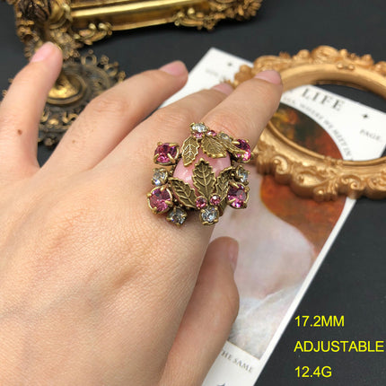 Retro Style Versatile Earrings Ring Leaf Design Copper Material Diamond Pink Crystal Topaz Old Gold Ring Set Jewelry
