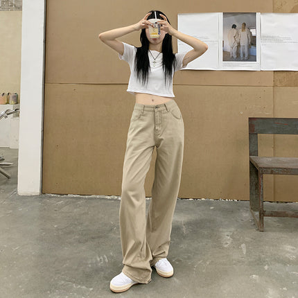With inch women's clothing | 2025 loose Denim wide leg white straight pants women slim mop pants pear-shaped slim