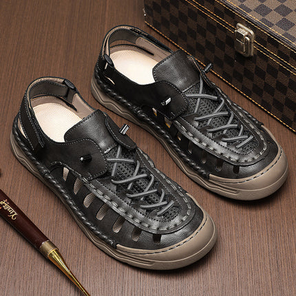 Men's Soft Leather Hollow Hole Shoes, Trendy Driving Deodorant, Anti-Slip Soft Sole Toe-Cap Breathable Slippers, Summer Driver Sandals
