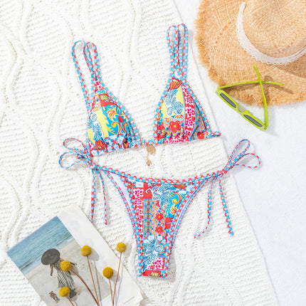 2024 New Bikini Cross-border European and American Foreign Trade Printed Triangle Cup Lace-up Sexy Bikini Swimsuit Swimwear Women