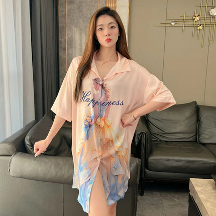 Summer New Style Fashionable Pure Lust Sexy Ice Silk Shirt Pajamas Loose High-End Home Wear Suit for Women